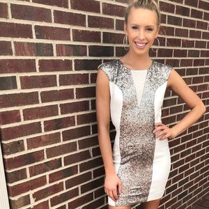 White and Silver sequin beaded cocktail dress